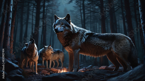 Within the Wolf's Den, a pack gathers under the watchful gaze of the alpha, their howls echoing through the night as they share stories of their ancestors, Generative AI