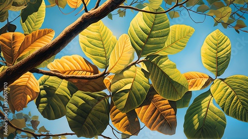 Close-up of the broad, sunlit leaves of a sassafras tree, their unique mitten shape illustrating nature's whimsy and variety. photo