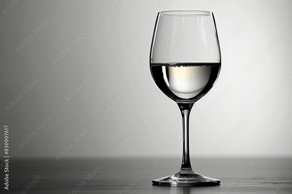 Fototapeta premium Sparkling water liquid in wine goblet glass isolated in the center of the background with light and shadow shot in the studio.
