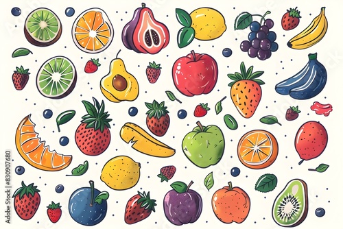 Vibrant Fruit and Vegetable Doodle Icon Collection on White Background