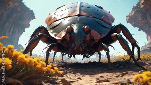 Deep in the Chitin Citadel of the Giant Beetle Overlord, massive carapaces shield a sprawling colony ruled by the colossal monarch, Generative AI photo