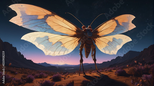 Amidst the Domain of the Behemoth Moth Empress, vast wingspan shadows stretch across the landscape, where subjects gather under the glow of lunar mothlight, Generative AI