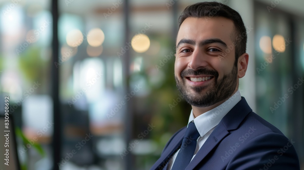 Professional Middle Eastern Man in Business Suit Smiling in Modern Office Setting Showcasing Corporate Confidence Professional Middle Eastern Man in Business Suit Smiling in Modern Office Setting Showcasing Corporate Confidence