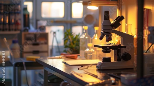 laboratory with a microscope and workbenches filled with cell samples and chemicals. with scientists recording data in notebooks