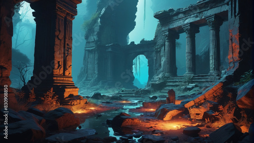 In the Enigmatic Ruins, creatures with bioluminescent markings blend with ancient stone, their eerie glow luring curious explorers to their doom, Generative AI photo