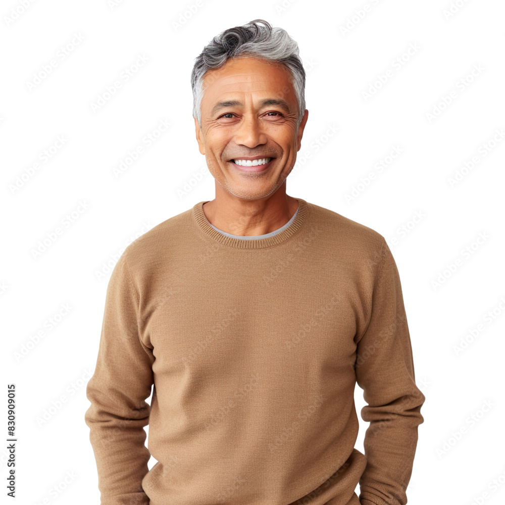Front view mid shot of a 60-year-old handsome Indian man dressed in a camel-colored cashmere sweater and charcoal gray dress pants, smiling on a white transparent background Front view mid shot of a 60-year-old handsome Indian man dressed in a camel-colored cashmere sweater and charcoal gray dress pants, smiling on a white transparent background