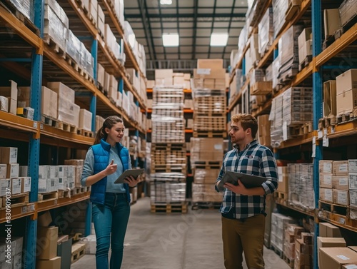 Two workers with tablets discuss inventory in a large, organized warehouse filled with boxes and shelves.