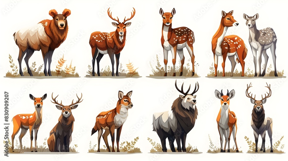 Obraz premium Diverse Herd of Wild Deer and Antlered Ungulates in Natural Habitats