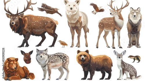 Illustrated Set of Diverse Land Animals in Woodland Environment description This comprehensive showcases a diverse collection of land animals