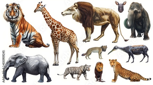 Wild African Animals on Savanna Landscape Collection with Giraffe Tiger Lion Elephant and Other Diverse Mammals