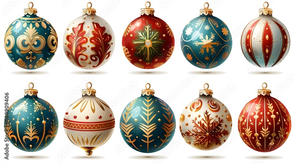 Elegant and Decorative Christmas Ornament Baubles Set on White Background description This image showcases a collection of beautifully designed and Elegant and Decorative Christmas Ornament Baubles Set on White Background description This image showcases a collection of beautifully designed and