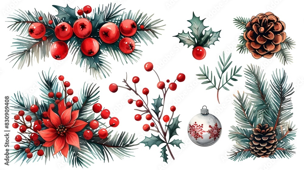 Christmas Set with Evergreen Foliage Berries Poinsettia and Pinecones on White Background Christmas Set with Evergreen Foliage Berries Poinsettia and Pinecones on White Background