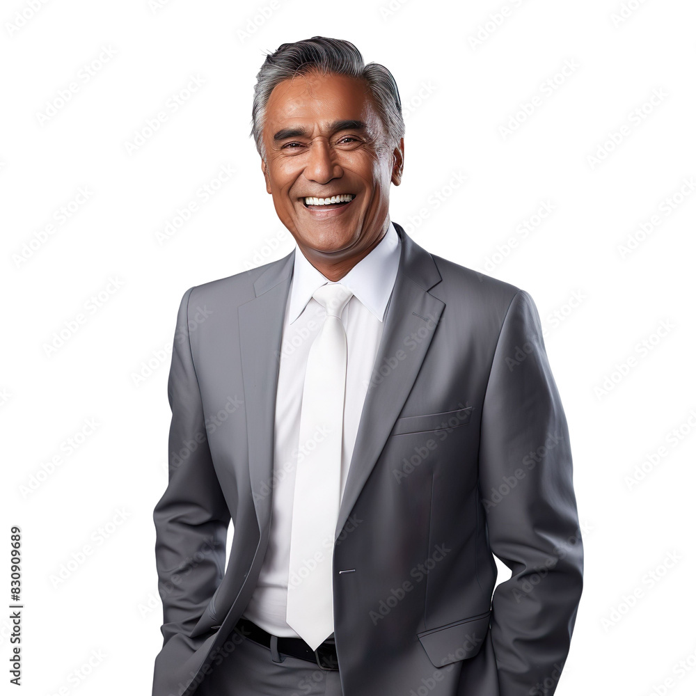 Front view mid shot of a 60-year-old handsome Indian man dressed in a classic navy blazer over a white dress shirt and gray dress pants, smiling on a white transparent background Front view mid shot of a 60-year-old handsome Indian man dressed in a classic navy blazer over a white dress shirt and gray dress pants, smiling on a white transparent background