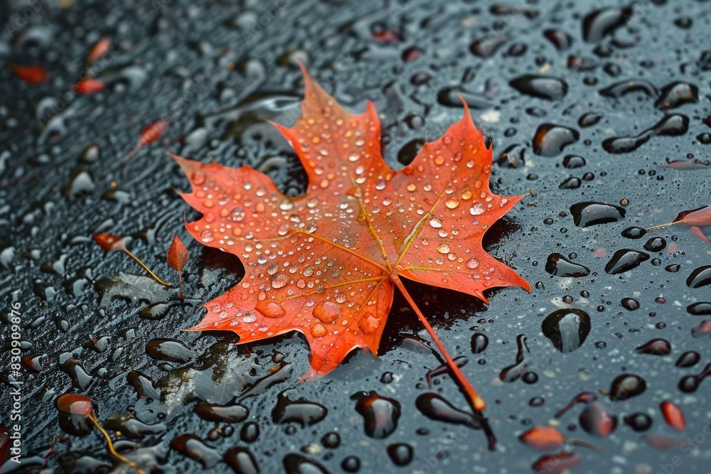 Fallen Maple Leaf Covered in Raindrops Close-Up on Wet Ground in Autumn Rain Fallen Maple Leaf Covered in Raindrops Close-Up on Wet Ground in Autumn Rain