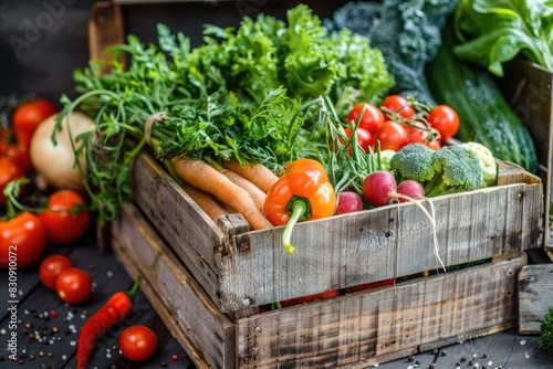 Farm Fresh. Organic Vegetables Box on Farmer Market Wooden Background