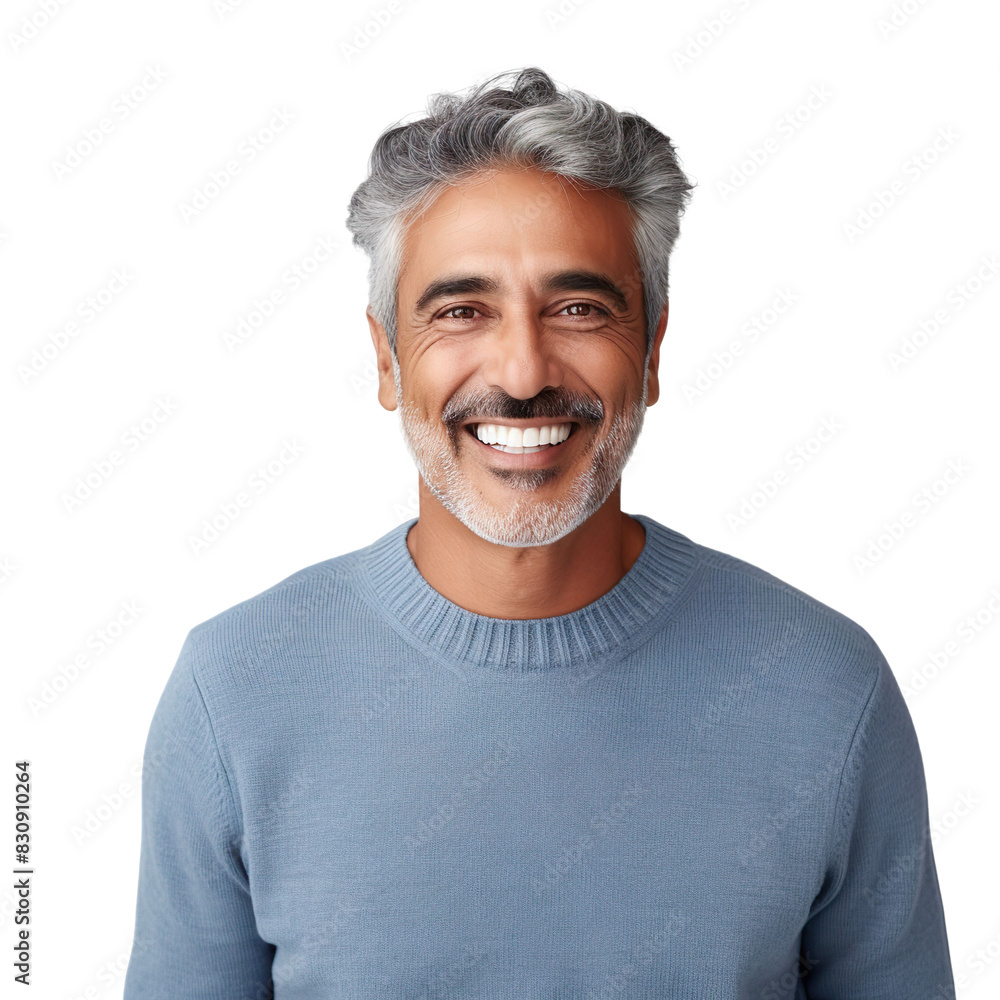 Front view mid shot of a 60-year-old handsome Indian man dressed in a deep burgundy cardigan and dark brown slacks, smiling on a white transparent background Front view mid shot of a 60-year-old handsome Indian man dressed in a deep burgundy cardigan and dark brown slacks, smiling on a white transparent background