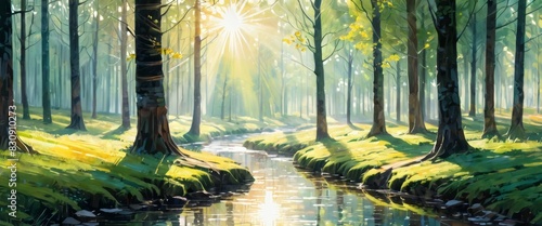 Artistic watercolor illustration of a serene forest creek bathed in sunlight with lush green trees and reflective water. photo
