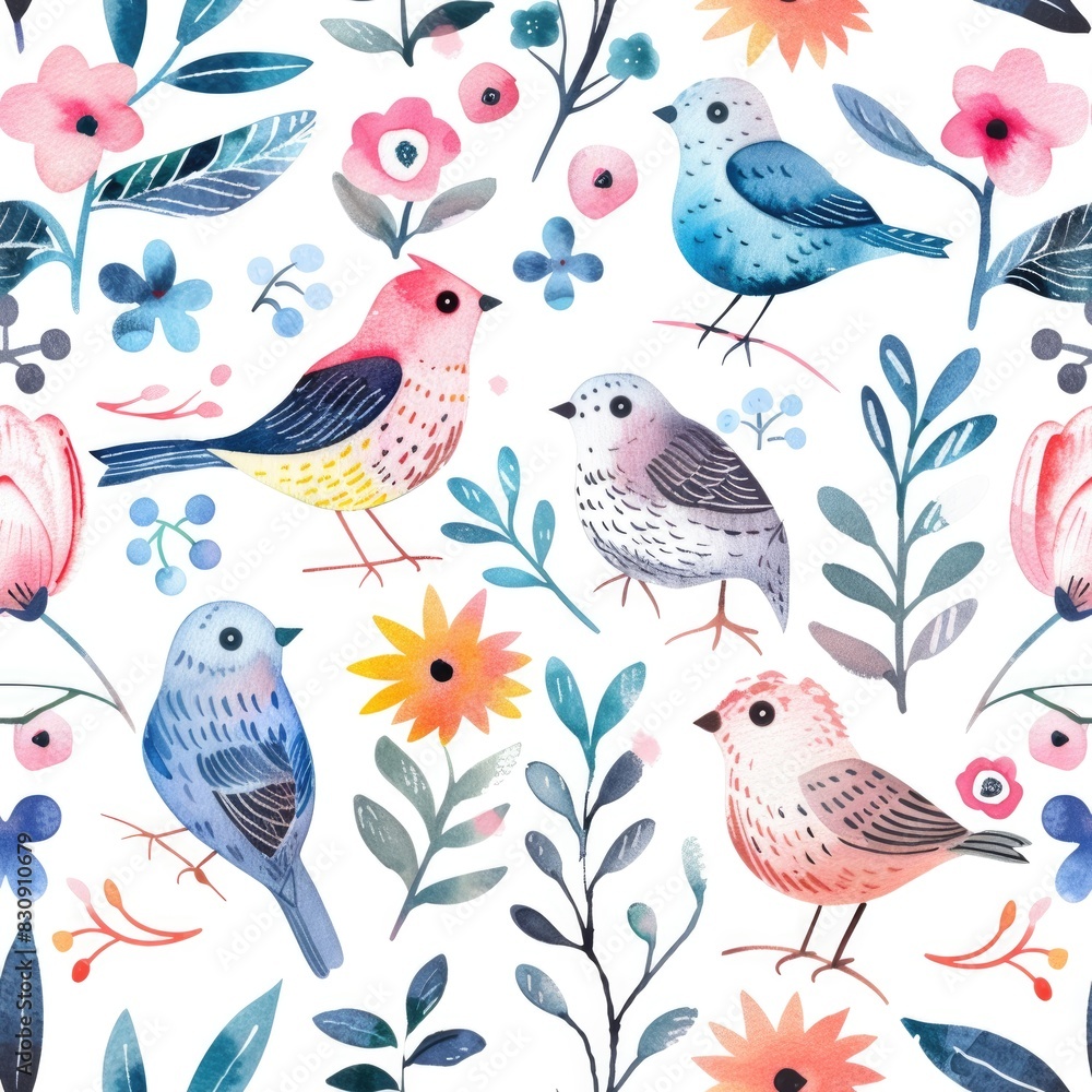 Whimsical Watercolor Birds and Blooms Seamless Pattern Whimsical Watercolor Birds and Blooms Seamless Pattern