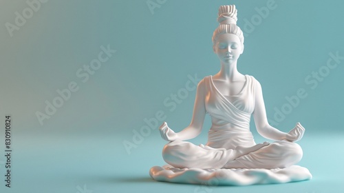 3D A serene white statue of a meditating figure in a lotus position against a light blue background  symbolizing peace and spirituality.