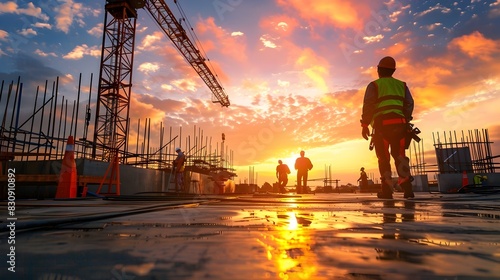 Man workers standing Sunset Silhouettes over Bustling Construction Site