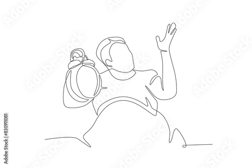 Frustrated man has difficulty sleeping because he is noisy holding an alarm clock. Struggling to sleep concept one-line drawing