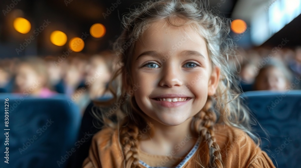 Delighted child with braided hair and a wide smile in a cinema seat, enjoying the movie Delighted child with braided hair and a wide smile in a cinema seat, enjoying the movie