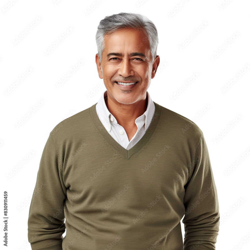 Front view mid shot of a 60-year-old handsome Indian man dressed in a muted olive green V-neck sweater and khaki chinos, smiling on a white transparent background Front view mid shot of a 60-year-old handsome Indian man dressed in a muted olive green V-neck sweater and khaki chinos, smiling on a white transparent background