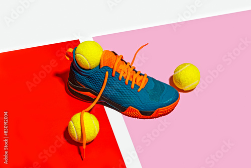 Padle sport shoe and yellow balls over colorful background photo