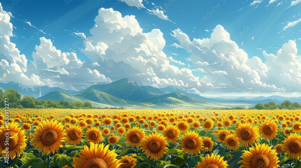 A field of sunflowers stretches towards a mountain range under a bright blue sky with fluffy clouds.