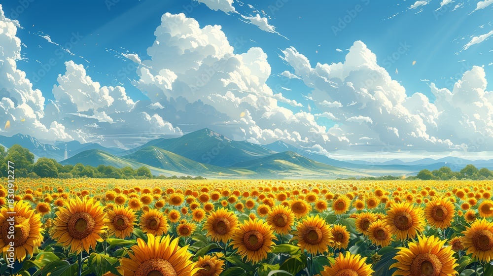 Obraz premium A field of sunflowers stretches towards a mountain range under a bright blue sky with fluffy clouds.