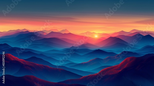 A breathtaking sunset over a vast mountain range.  The sky is ablaze with vibrant hues of orange, pink, and purple. photo