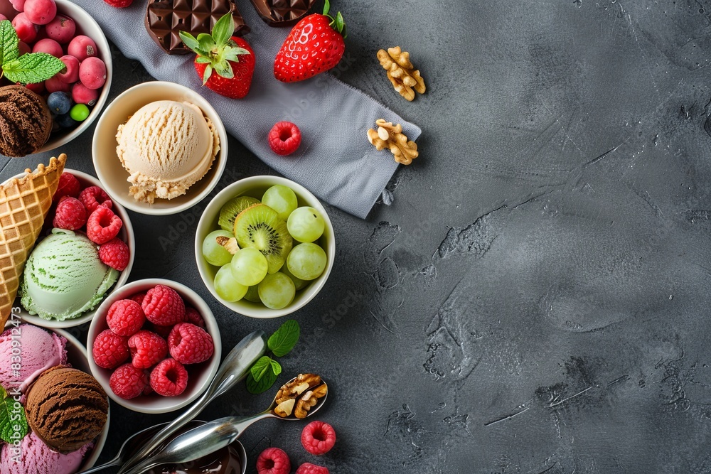 Fresh fruit with creamy ice cream in an assortment of flavors with raspberry, berry, black, strawberry, walnut, pistachio, chocolate, sugar cones and scoops for serving on top. place for text. Fresh fruit with creamy ice cream in an assortment of flavors with raspberry, berry, black, strawberry, walnut, pistachio, chocolate, sugar cones and scoops for serving on top. place for text.