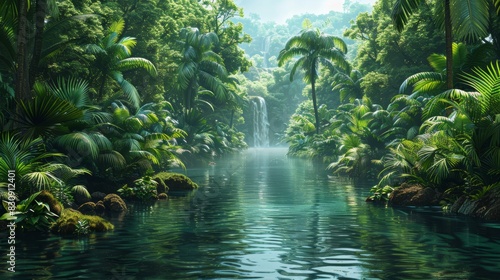 A lush tropical rainforest with a cascading waterfall and a clear  tranquil river.  Sunlight filters through the canopy  illuminating the vibrant foliage.