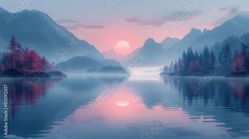 A serene sunrise over a misty lake, with towering mountains in the background. The water reflects the golden hues of the sky.