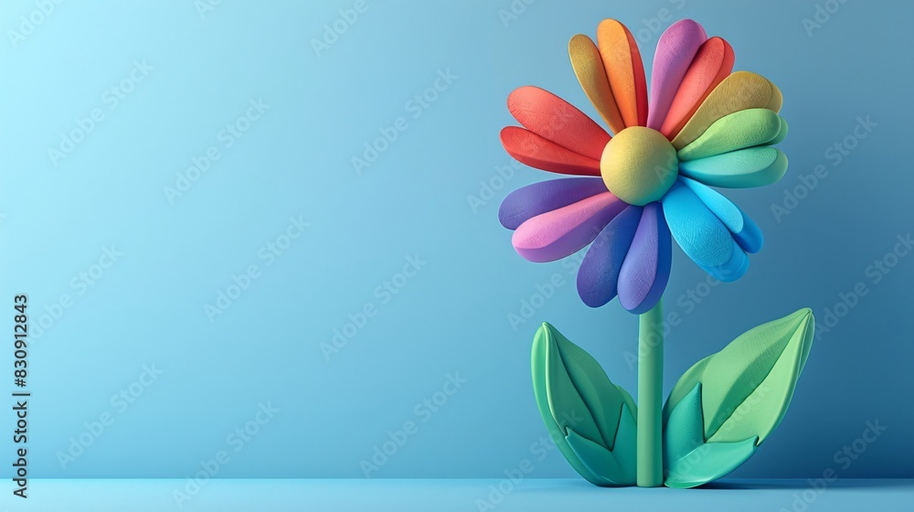 3D Colorful paper flower on blue background, creative art, minimalistic representation of a bright daisy with multicolored petals. 3D Colorful paper flower on blue background, creative art, minimalistic representation of a bright daisy with multicolored petals.