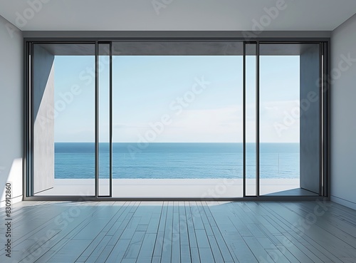 Full view of a modern empty room with sliding glass doors to a balcony overlooking the sea on a nice summer day outside