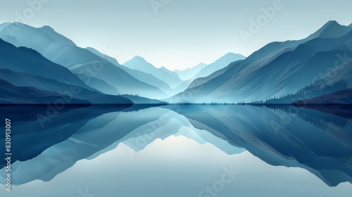 Serene mountain lake with perfect reflection, tranquil blue hues. Minimalist, abstract landscape.