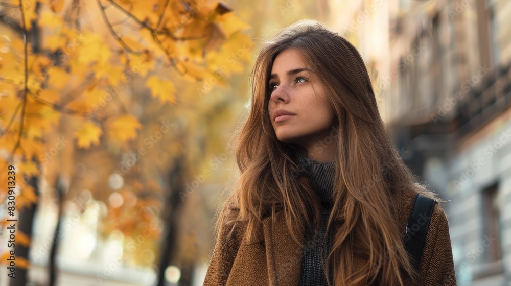 Girl with long hair showcasing autumn street style fashion on the street Girl with long hair showcasing autumn street style fashion on the street