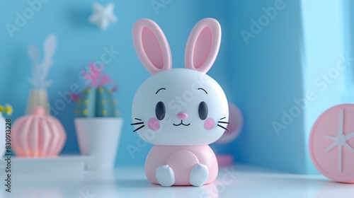 3D Cute pastel bunny figurine in a colorful room setting with plants and minimalist decor  perfect for nursery or kids  room