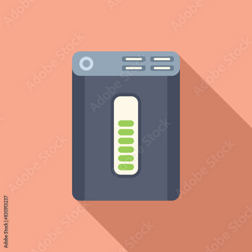 Flat design vector icon of a portable power bank with battery level indicator on a peach background