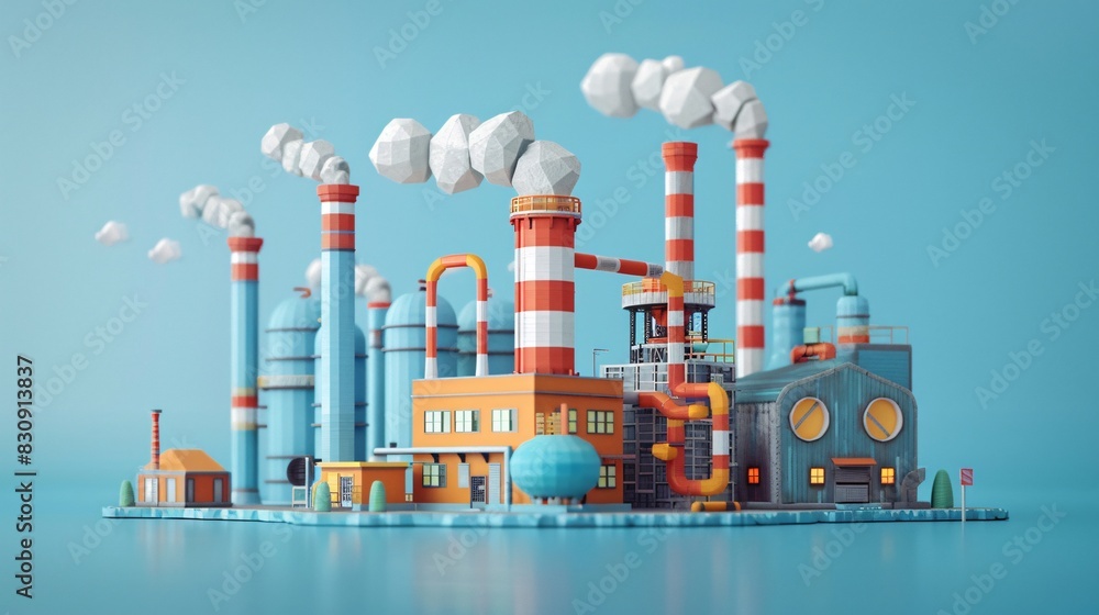 Obraz premium 3D illustration of a colorful factory with chimneys releasing smoke against a blue background, industrial concept.