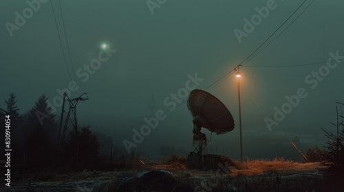 A large satellite dish is sitting in the middle of a field photo