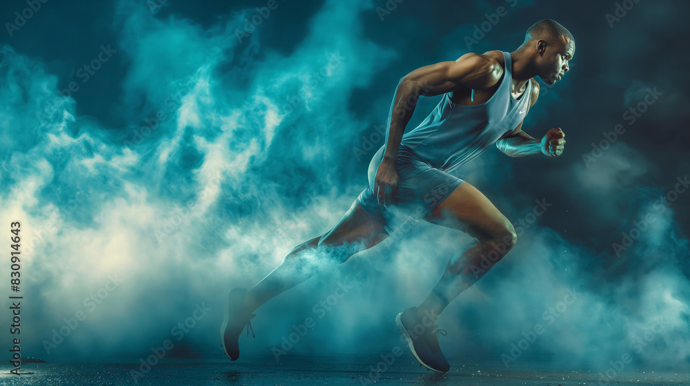 Male black athlete runner on a running track, dynamic commercial photo. Attractive and fit professional sportsman focused on a training. Concept: Championship and Olympic Games. Male black athlete runner on a running track, dynamic commercial photo. Attractive and fit professional sportsman focused on a training. Concept: Championship and Olympic Games.