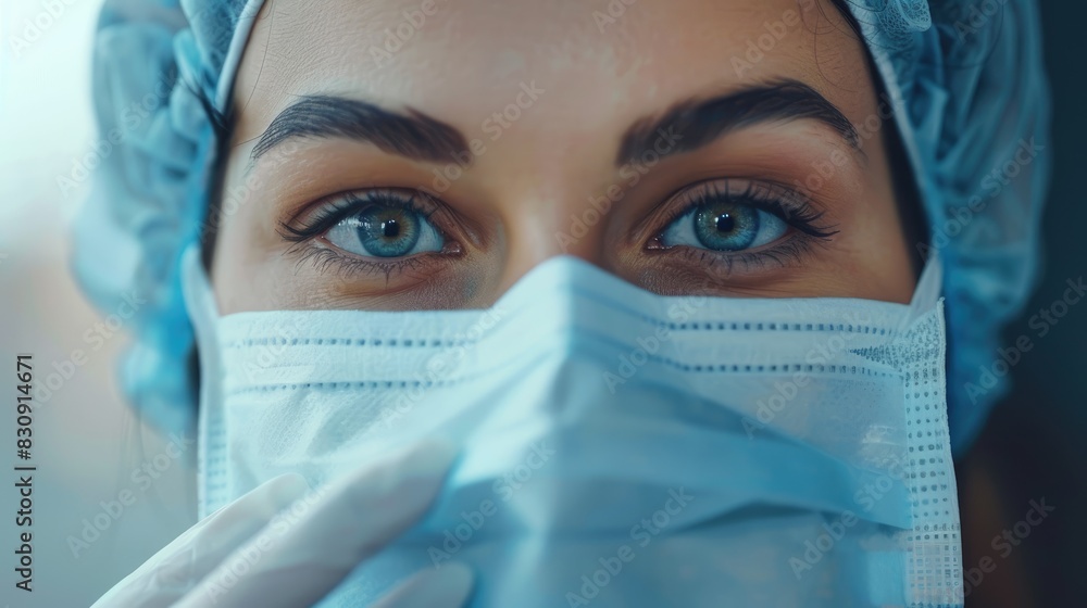 Female surgeon removes protective surgical mask post surgery in hospital clinic Female surgeon removes protective surgical mask post surgery in hospital clinic