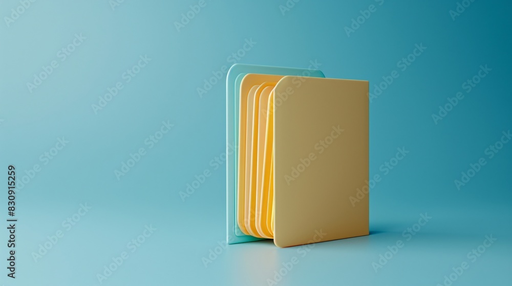 3D Minimalist image of yellow and teal folders standing on a blue surface, representing organization and office supplies. 3D Minimalist image of yellow and teal folders standing on a blue surface, representing organization and office supplies.