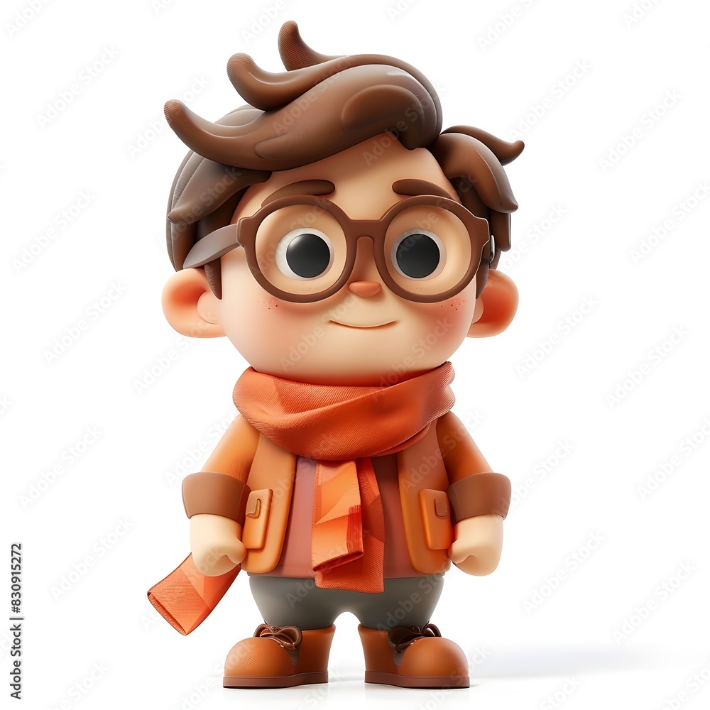 Charming Cartoon Character in 3D Clay Figurine Style with Eyeglasses and Orange Outfit Against White Background Charming Cartoon Character in 3D Clay Figurine Style with Eyeglasses and Orange Outfit Against White Background