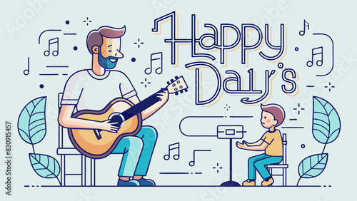 Happy Fathers Day man plays guitar with a young boy playing guitar