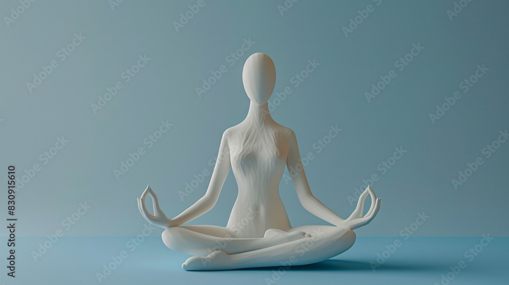 3D Minimalist white sculpture in a meditative yoga pose against a plain blue background, symbolizing tranquility, balance, and inner peace. 3D Minimalist white sculpture in a meditative yoga pose against a plain blue background, symbolizing tranquility, balance, and inner peace.