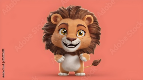 A 3D cute illustration of a lion character with a big smile.