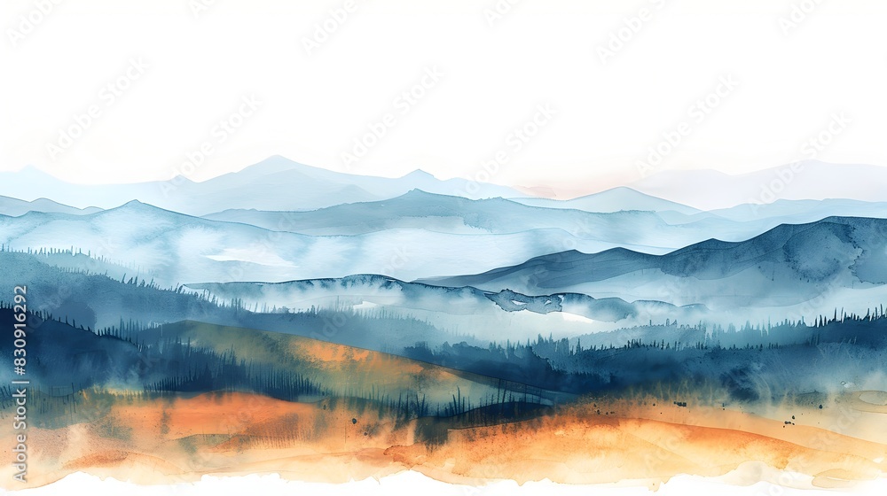 Ethereal Watercolor Landscape with Rolling Hills and Distant Mountains in Soft Hazy Lighting Ethereal Watercolor Landscape with Rolling Hills and Distant Mountains in Soft Hazy Lighting